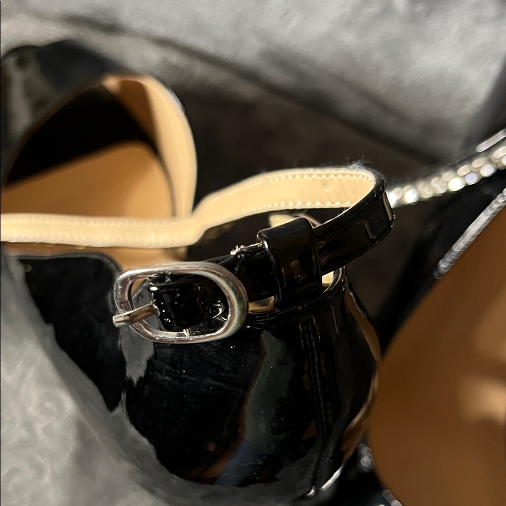 Black Patent Peep-Toe Platform 6 inch Heels with Rhinestone Ankle Strap - Picture 10 of 16
